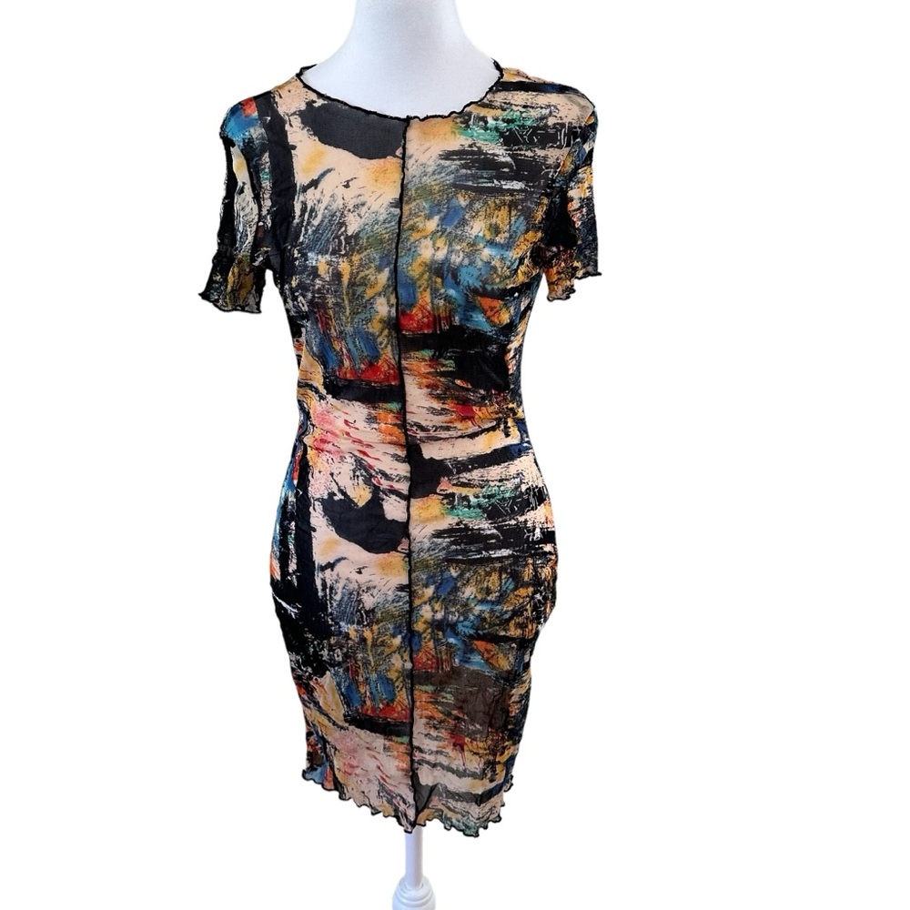 Blanc Sheer Short Sleeve Bodycon Multicolor Print Dress Size M NWOT - Picture 9 of 10